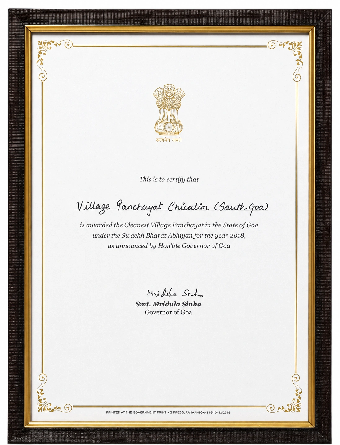 Cleanest Village Panchayat Award – Chicalim, Goa (2018)